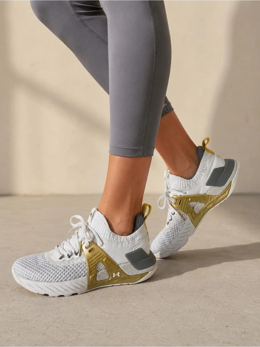 Under Armour Project Rock 4 White Metallic Gold Knit Trainer Sneakers size 5.5